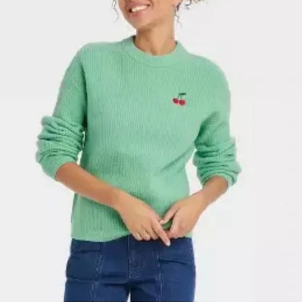 A New Day Crewneck Sweater with Cherry Embroidery